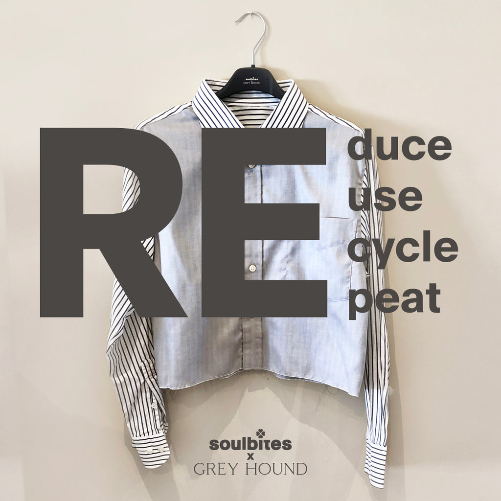 Image with an upcycled shirt of 24/7 L.O.V.E. collection.Reduce. Reuse. Recycle. Repeat. 